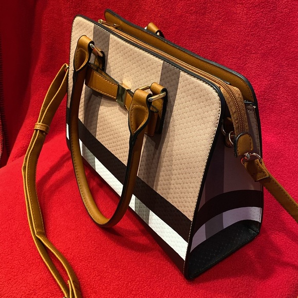 NWOT Designer Inspired Brown Black & White Check Satchel with Removable Strap - Picture 8 of 12